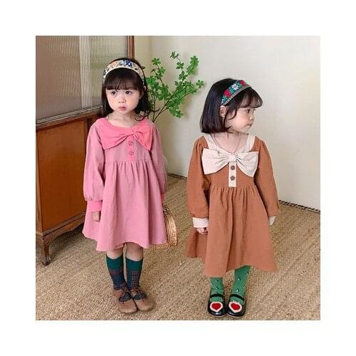 2021 Autumn New Bowknot Girls Dress Cotton Solid Long-sleeved Childrens Princess Dress Kids Cute Pink Dress Baby Girl Clothes
