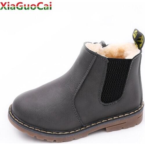 Autumn Winter Kids Martin Boots Side Zipper PU Leather Children Plush Warm Boots Boys Girls Waterproof Thickening Cotton Shoes