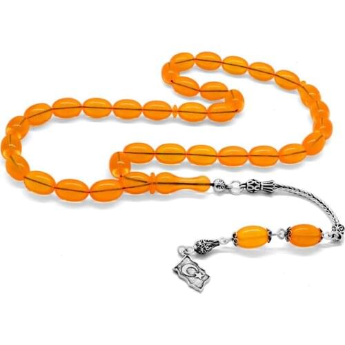 Tesbihane 925 Sterling Silver Tassels Special Cut Fiberglass Airplane Glass Mango Yellow Rosary