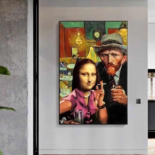 Funny Wall Art Mona Lisa and Van Gogh Smoking Canvas Paintings Art Posters and Prints Da Vinci Famous Paintings for Living Room