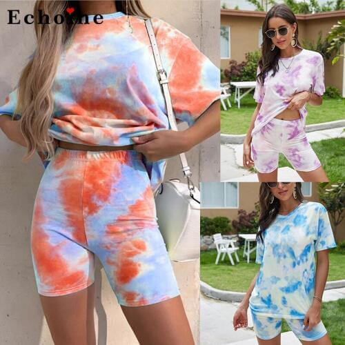 Women Fashion Tie-Dye Gradient Printed Loose Leisure T-shirt Clothes 2 Pcs Set Casual Short Pants Suit Homewear Sports Tracksuit