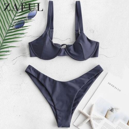 ZAFUL Tie Underwire Balconette Bikini Set Straps Solid Summer Swimsuit Women Push Up Sexy Summer Beach Bathing Suit Swimwear
