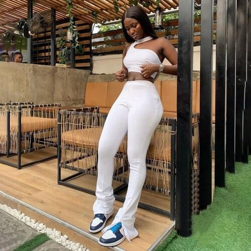 QuanRun 2 Piece Set Fashion Women Irregular Shoulder Sleeveless Crop+High Waist Long Pants Tracksuit Workout Set Streetwear