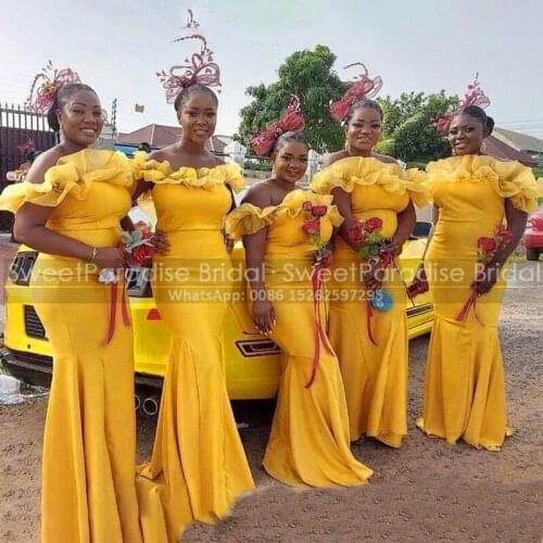 Mermaid Gold Yellow Bridesmaid Dresses Ruffles Off Shoulder African Women Long Wedding Party Dress Robe De Soiree De Mariage