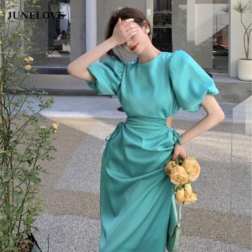 JuneLove Fashion Casual Plus Size High Waist Midi Dress Robe Open Waist Sexy Zipper Puff Sleeve Beach Dress Women Summer 2021