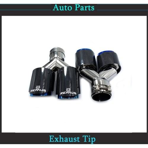 1Pair Y Style Dual Glossy Carbon Fiber Stainless Steel Burnt Blue Exhaust Pipe Universal Auto Tip Double Muffler Tip