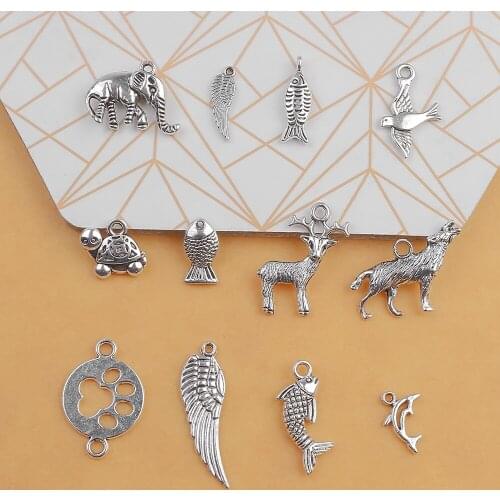 30pcs/lot Metal Animal Beads Mixed Antique Silver Plated Angel Wings Charms Pendants For DIY Making Bracelet Accessories
