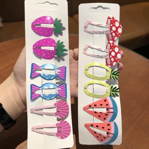 6Pcs Fruit Candy Hair Clip Mermaid Unicorn Animal Hairpin Shell Shape Pineapple Print Metal Barrette Accessories Headwear Gift