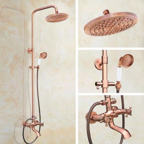 Antique Red Copper Wall Mount Rain Shower System Hand Shower Head Set Bathtub Dual Cross Handles Tap arg516
