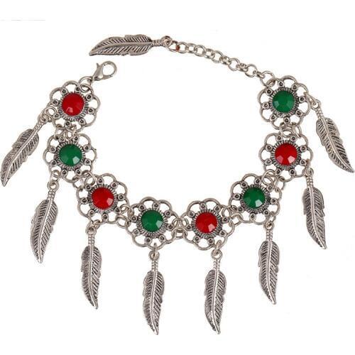 Antique Silver Hollow Flower Resin Beads Gem Leaf Tassel Bracelet For Women Jewelry