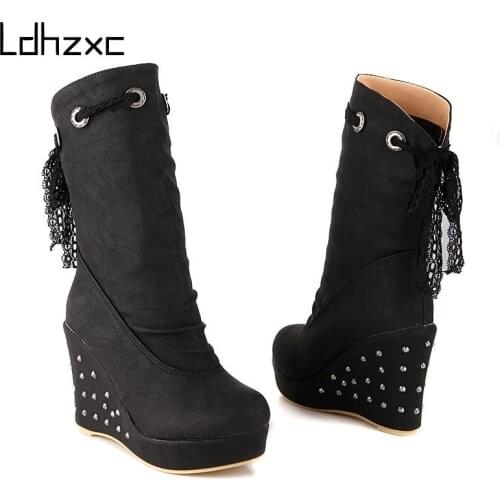 LDHZXC Boots Female Women Shoes Mid-calf Autumn British Wind Pu Leather Wedges High Heel Platform Boots Motorcycle Shoes
