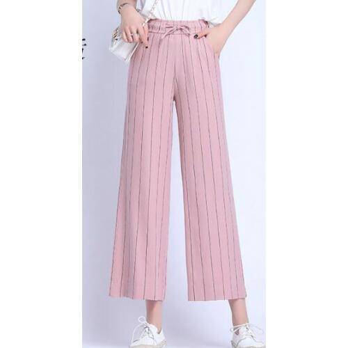 Casual Buttoned Front Raw Hem Striped Wide Leg Pants Women Clothes 2021 Spring Button Fly Pocket Zipper Long Trouser