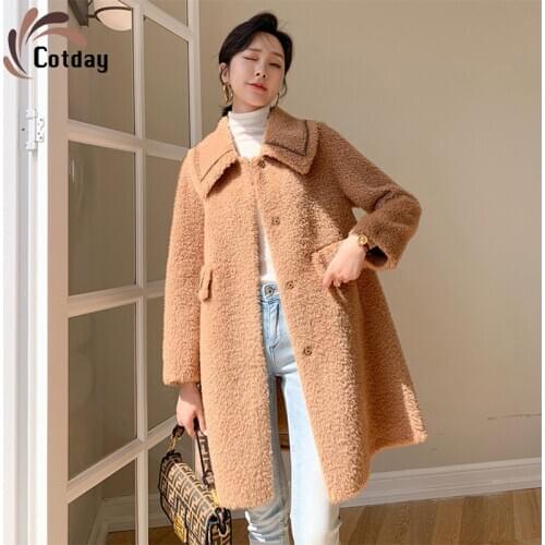 Cotday Turn-down Collar Rabbit Fur Women Natural Wool Outerwear Winter Warm Style Women Natural Wool Winter Fashion Fur Coat