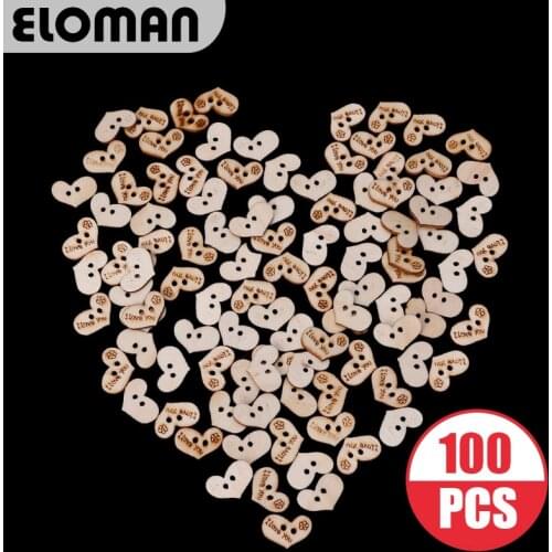 ELOMAN 100PCS wooden heart button DIY accessories 'i love you' wood heart for handmade suppiles