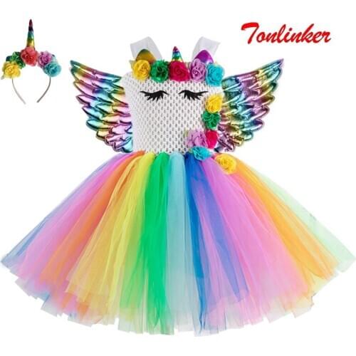 Girls Unicorn Costume Dress Fancy Up Kids Rainbow Tutu Birthday Party Dresses With Hair Hoop Princess Cosplay Dressing Up