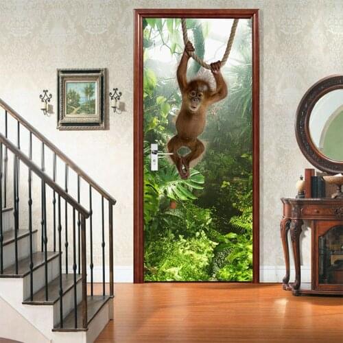 Rain Forest Monkey Home Decoration Door Stickers Natural Fresh Scenery Door Decals Waterproof Self-Adhesive Two Pieces Set