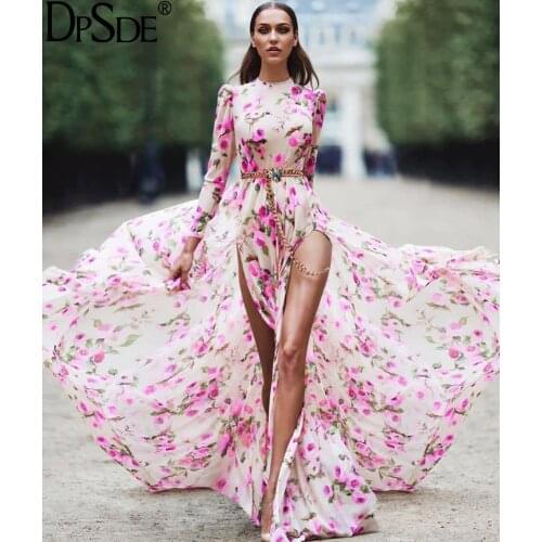 DPSDE 2020 fashion new women elegant fair maiden style long dresses long sleeve round neck printed open fork long dresses