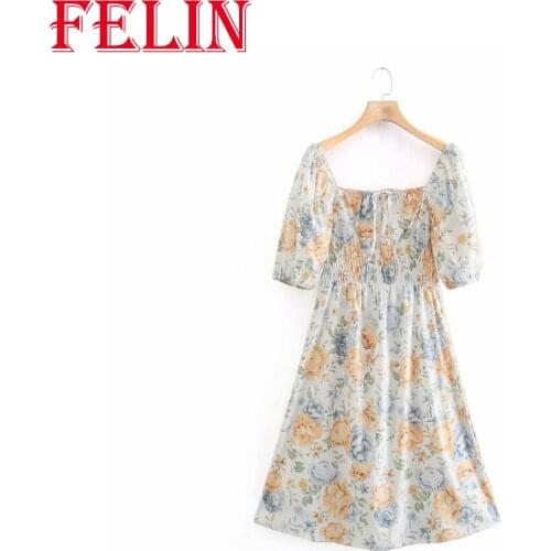 FELIN Women Summer Fashion Yellow Dress Za Vintage Floral Print Party Puff Sleeeve Elastic Waist Dresses Sweet Chic Vestidos