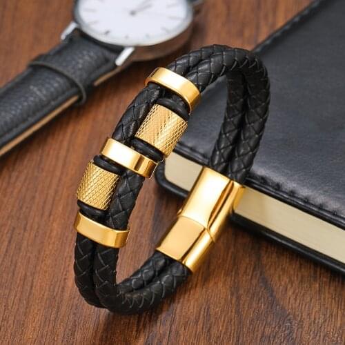 Classic Multilayer Beaded Bracelet Leather Corrugated Twill Accessories Mens Leather Stainless Steel Bracelet Birthday Gift