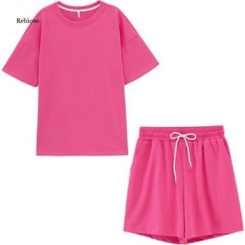 Summer Cool Set New Pure Color O Neck Casual Short Sleeve T Shirt Two Piece Oversized Shorts Set For Women All Match
