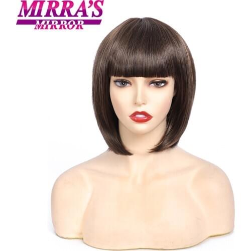 Mirras Mirror Bob Wig Natural Brown Short Synthetic Straight Wig With Bangs 10 inch Heat Resistant Wigs for Women Daily Used