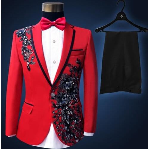Red Sequin Beads Men Suits One Button Notch Lapel Costume Homme Tuxedos Wedding Groom Bridegroom 2 Pcs Prom Slim Fit Blazers