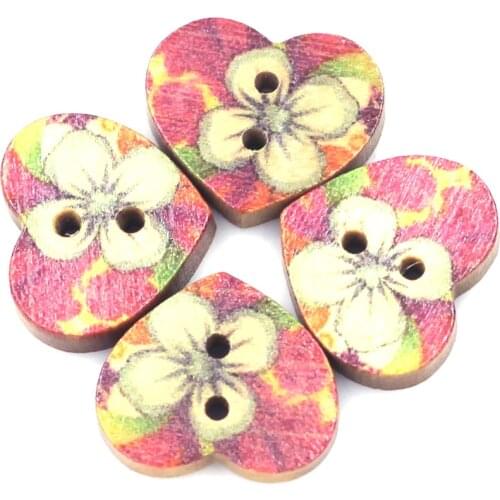 20PCS 18x15mm Heart Shape Wooden Buttons 2 Holes Flower Pattern DIY Shirt Scrapbook Sweater Bag Decor Repair Sewing Accessories