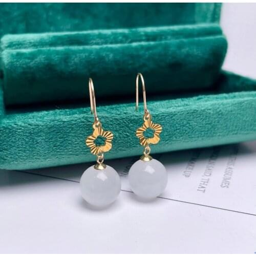 SHILOVEM 18k yellow gold real Natural white Jasper drop earrings classic fine Jewelry women wedding gift 10mm myme10105521hby