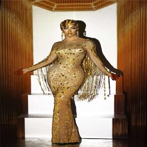 H09 Party dance wears gold rhinestones long tassels evening dress printed long sleeve diamonds skirt perform diamonds costume