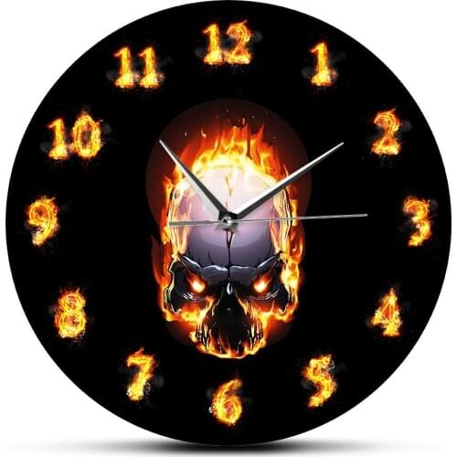 Angry Demon Skull In Fire And Burning Numbers Unique Wall Clock Hell Death Skull Wall Watch Halloween Gift Horror Decor Art