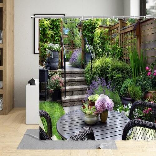 Garden Shower Curtain Chinese Style Courtyard Vintage Old Building Town Spring Plant Tree Bathroom Polyester Cloth Curtain Set