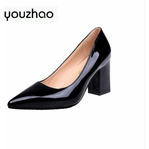 Womens shoes pointy thick heel bright high heels with 7 cm new single shoes shallow mouth