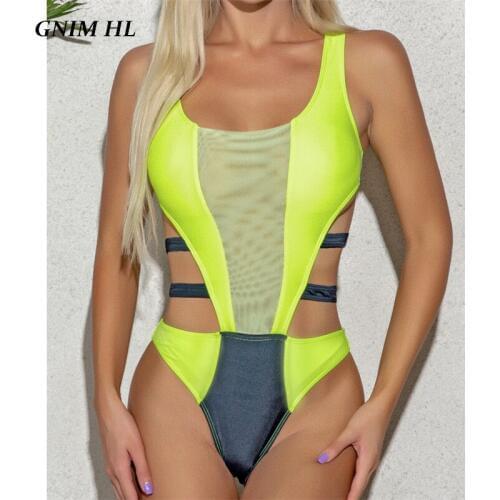 One Piece Stitching Color Bikini Swimwear Women Push Up 2020 Summer Bandage Brazilian Swimsuit Women Beachwear Mesh Bather Suit