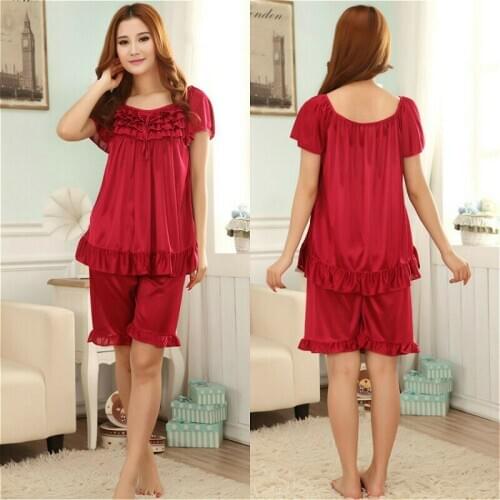 Lady Ruffle Lingerie Satin Shorts Pyjama Suit Nightwear Sleepwear Plus Size Soft