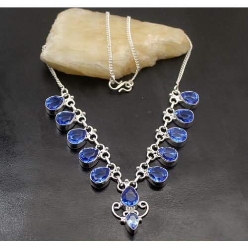 Hermosa Fantasy Gems Ocean BlueTopaz Silver Color Chain Charms Necklace Women Prom Dresses A54