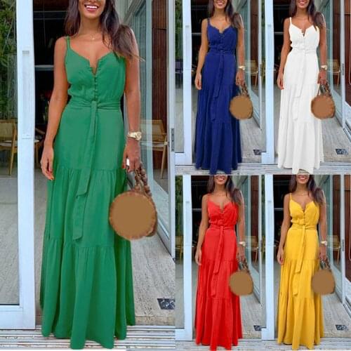Womens dress summer personalized button V-neck sling Jumpsuit long skirt solid color bow womens dress платье летнее женское