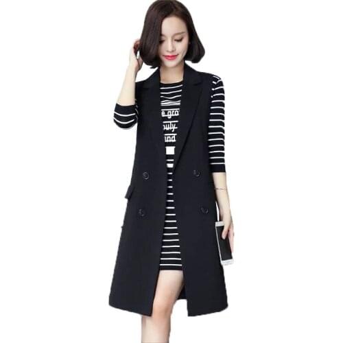 Spring Autumn New Suit Collar Waistcoat Sleeveless Jacket Black Vest Womens Mid-Length Korean Trend Outerwear Female Ves