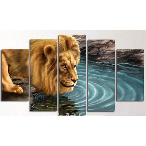 5 Panels Painting Calligraphy Wall Painting Paint Home Decor Animal Lion Drink Water Canvas Prints Poster Art Pictures Quadro