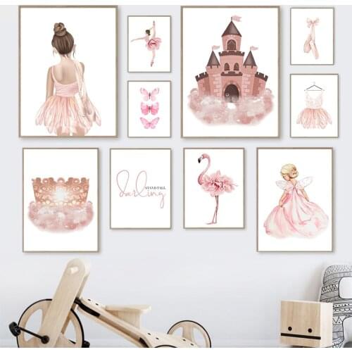 Ballet Girl Butterfly Flamingo Flower Swan Crown Wall Art Canvas Painting Nordic Posters And Prints Wall Picture Kids Room Decor