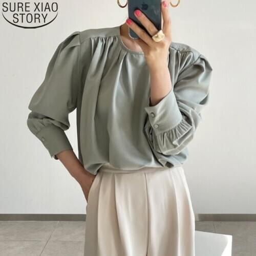 Green Blouse Plus Size Loose Clothing Causal Women Tops Fashion Solid O-neck Spring Long Sleeve Shirt Vintage Blouse 13353