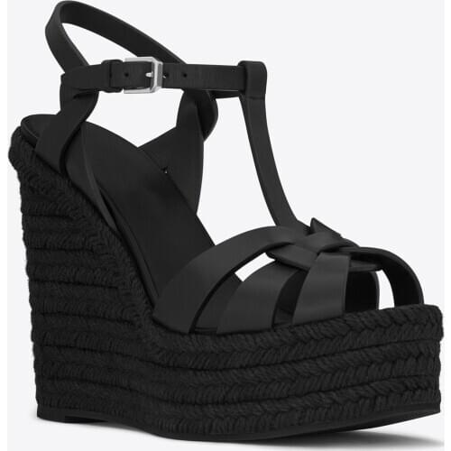 Women Shoes Paris Tribute Espadrilles Wedge Sandals Black Genuine Leather