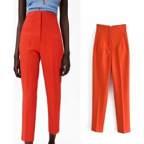 TRAF Za 2021 High Waisted Pants Women Street Casual Trouser Zipper Elegant Fashion Black Orange Funky Woman Pencil Pants WW0263