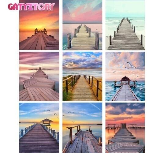 GATYZTORY Frame Diy Painting By Numbers Seaside Plank Road Paint By Number Landscape Handpainted Gift Wall Decor