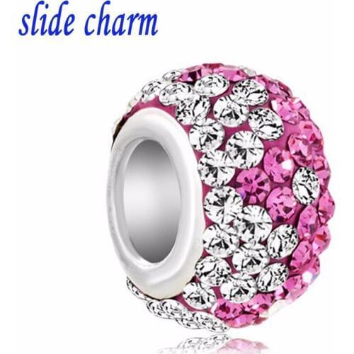 Slide charm Free shipping Valentines Day pink clay amulet white and pink crystal beads fit Pandora charm bracelet