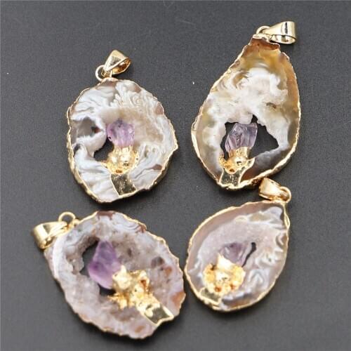 Hot Geode Stone Agates Healing Slice Pendants Inlaid Natural Amethysts Point Irregular Elegant Quartzs Jewelry Making 4PCS
