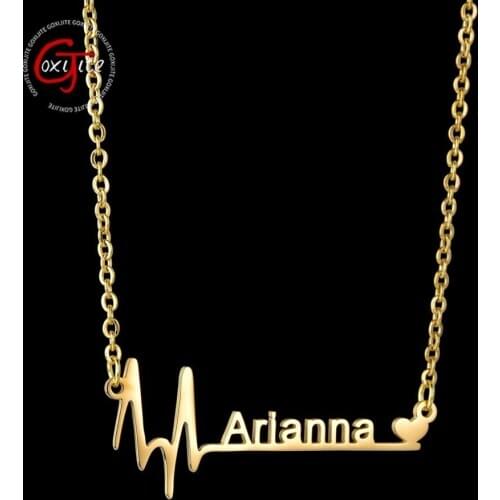 Goxijite Custom Name Necklace With Heart Beat Stainless Steel Gold Personalized Name Pendant Necklaces For Women