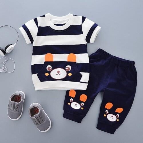 Baby Boy Clothes Sets Kids Cartoon Lovely Bear Stripe Print Short Sleeve Tops + Short Pants Children Summer Casual Clothes