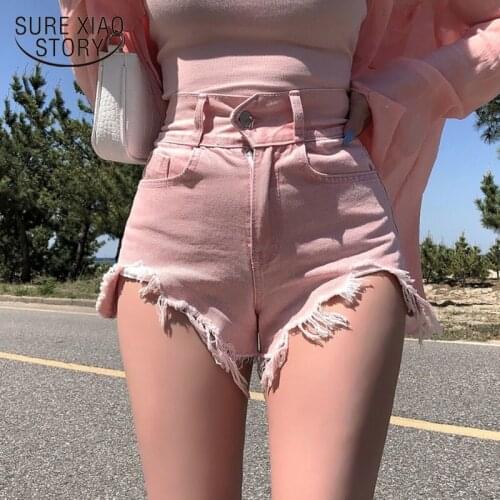Korean New High Waist Pierced Hot Pants 2021 Sexy Thin Pink Denim Shorts Vintage High Waist Shorts Women Summer Spodenki 14014