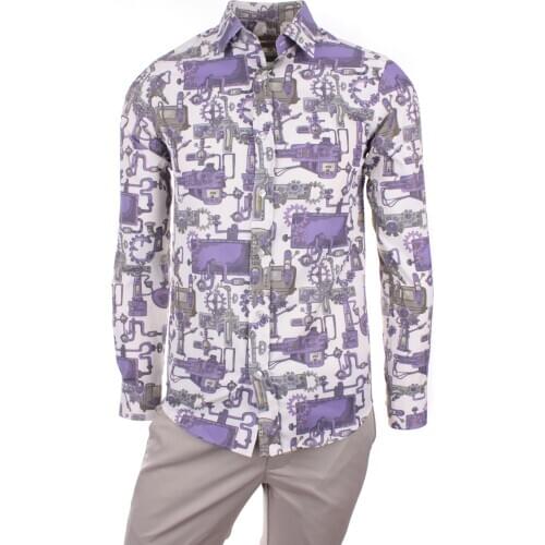 Gentilbay Mens Machine Robotic Digital Printed Cotton Purble Slimfit Long-Sleeve Sport Classic Shirt DPD099