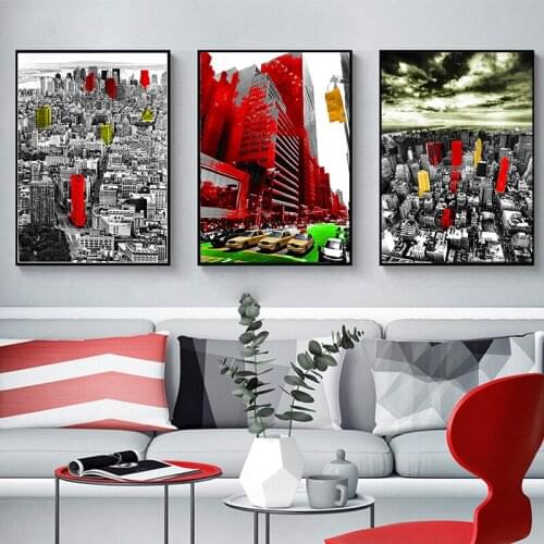 Modern New York London City View Wall art Red Landscape Posters and Prints Black And White Pictures for Living Room Home Décor